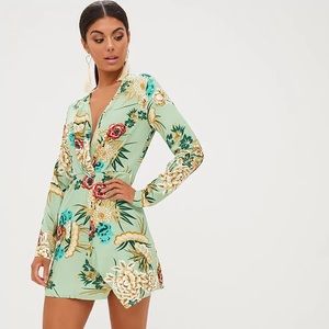 Sage green Printed wrap long sleeve dress
